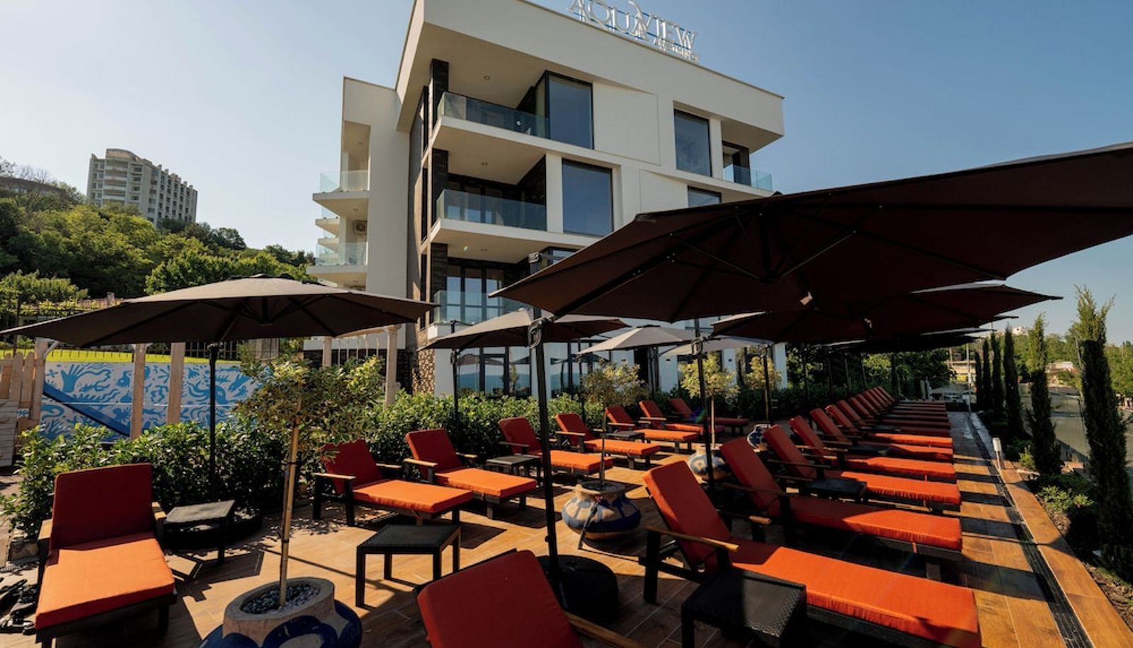 Evening by the outdoor pool at Aqua View